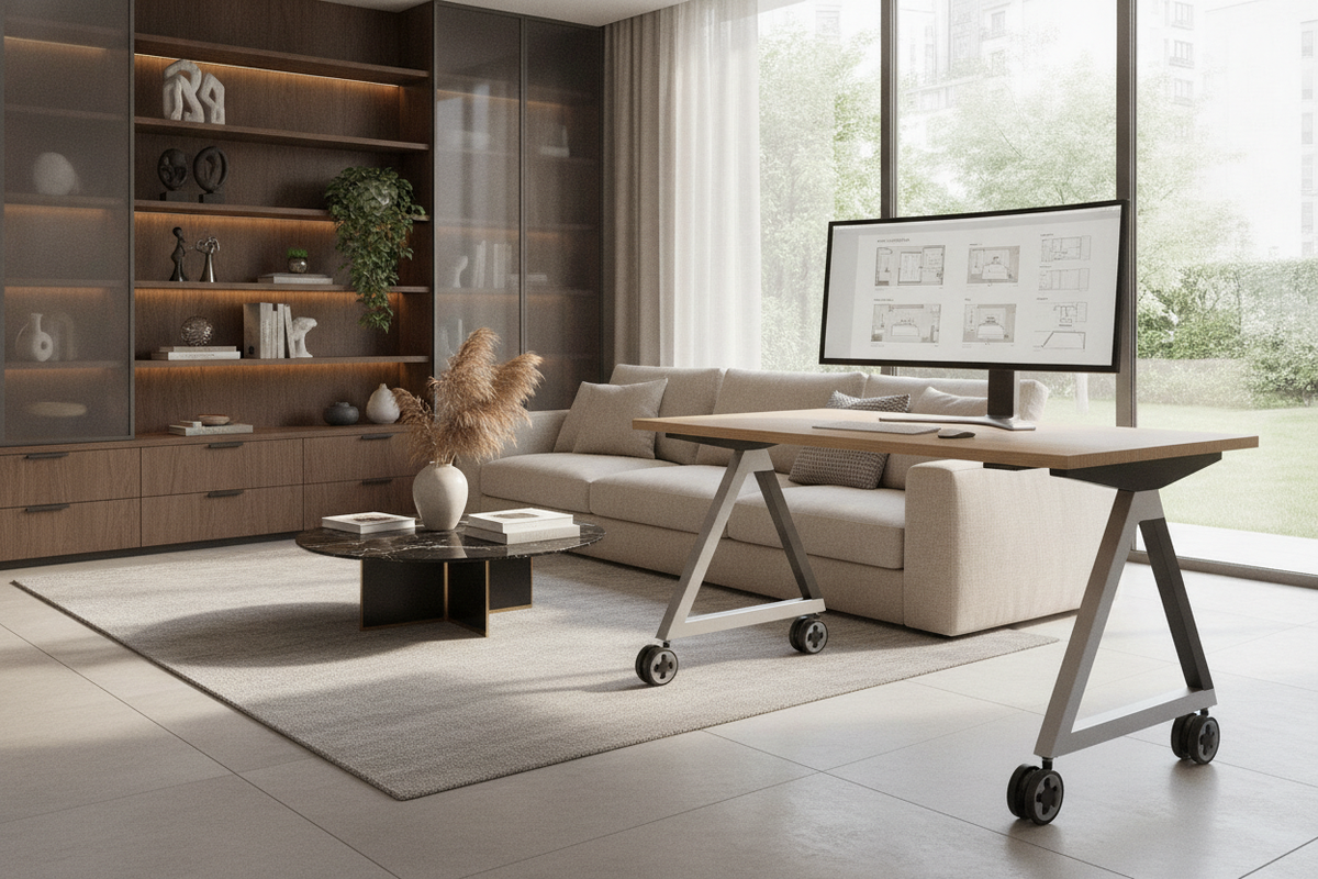 Ergotron Rolling Desk Blueprint: Mobile Sit-Stand Workstation Geometry, Caster Stability, Room Archetypes, and Storage Synergy