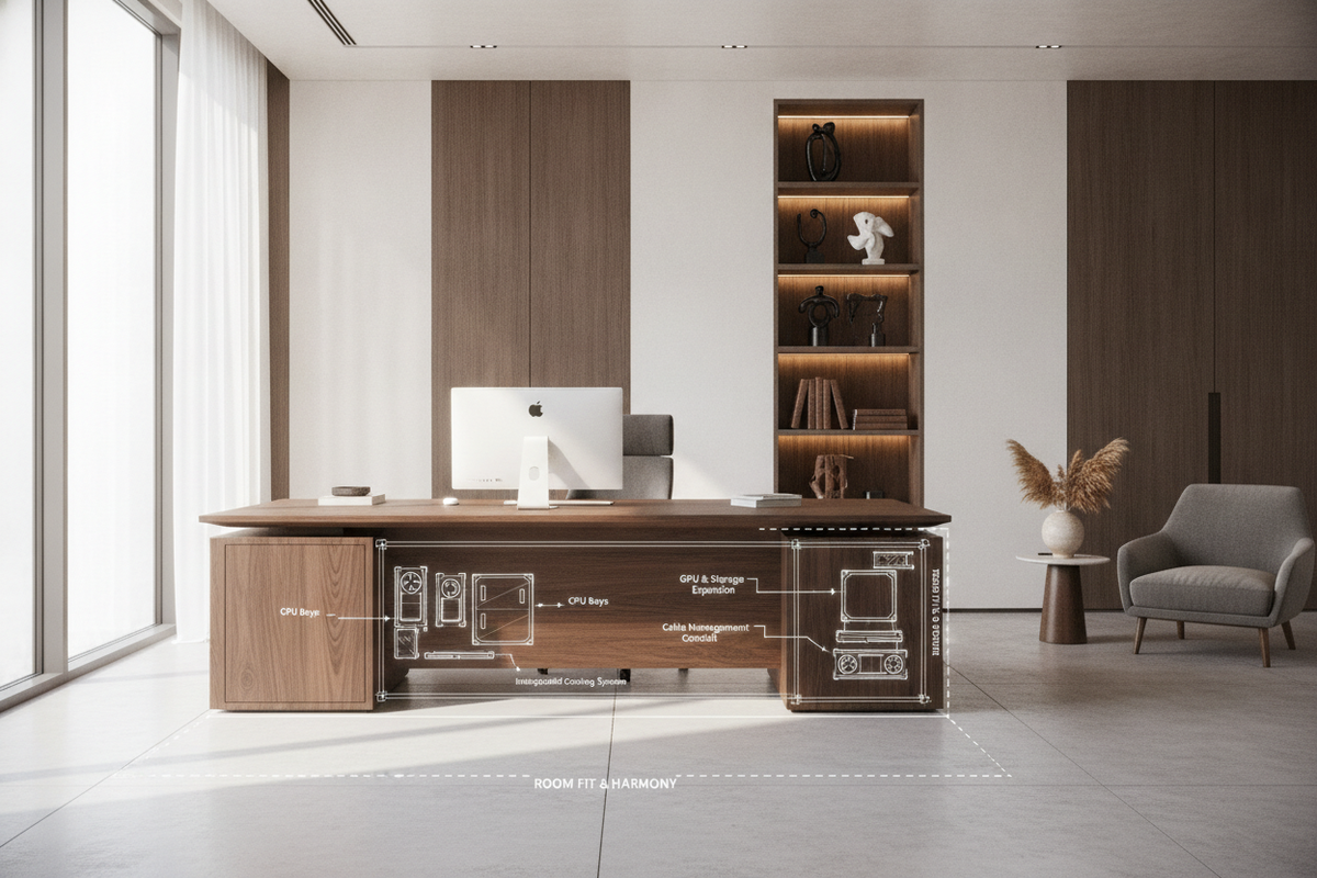 Executive Desk with Computer Storage Blueprint: Architecture, CPU Bays, Room Fit, and Storage Harmony