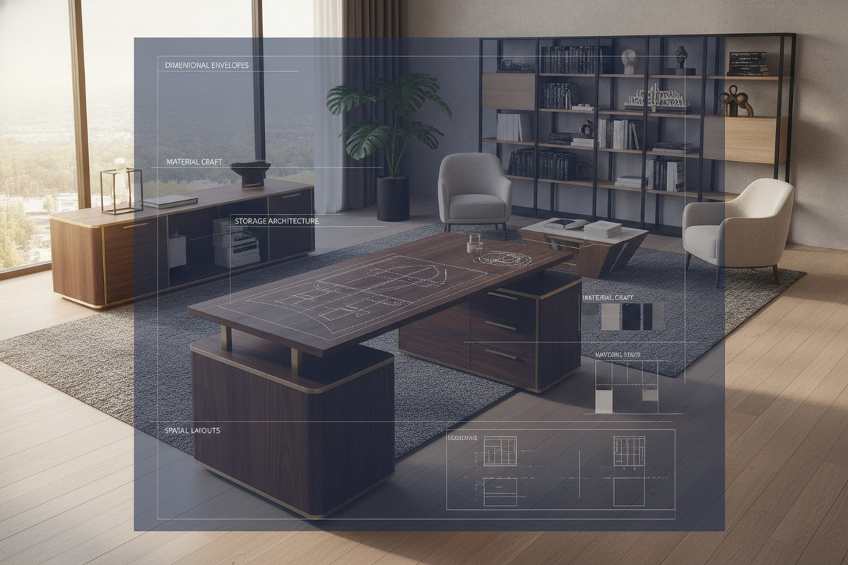 Executive Standing Desk Blueprint: Dimensional Envelopes, Storage Architecture, Material Craft, and Spatial Layouts