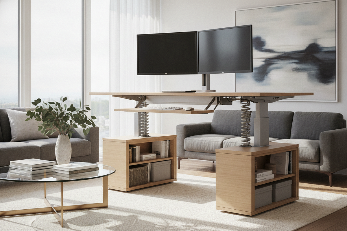 48 Standing Desk Converter Blueprint: Wide Surface Architecture, Dual-Monitor Geometry, Lift Mechanics, and Storage Synergy