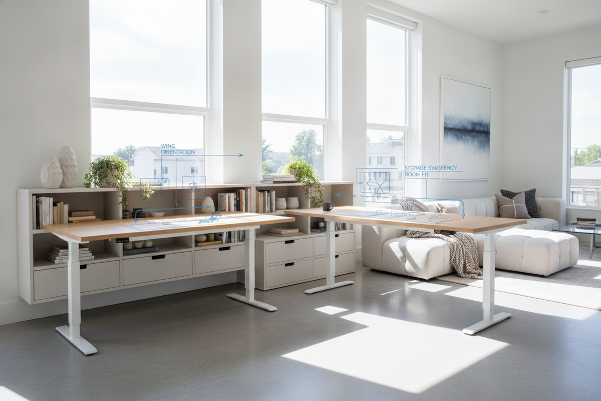 Reversible L-Shape Standing Desk Blueprint: Wing Orientation, Kinetic Clearances, Room Fit, and Storage Synergy