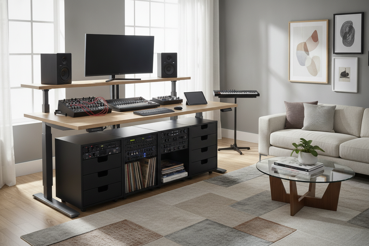 Flexispot Studio Desk Blueprint: Tiered Surface Architecture, Equipment Zoning, Dynamic Lift Clearances, and Modular Studio Storage