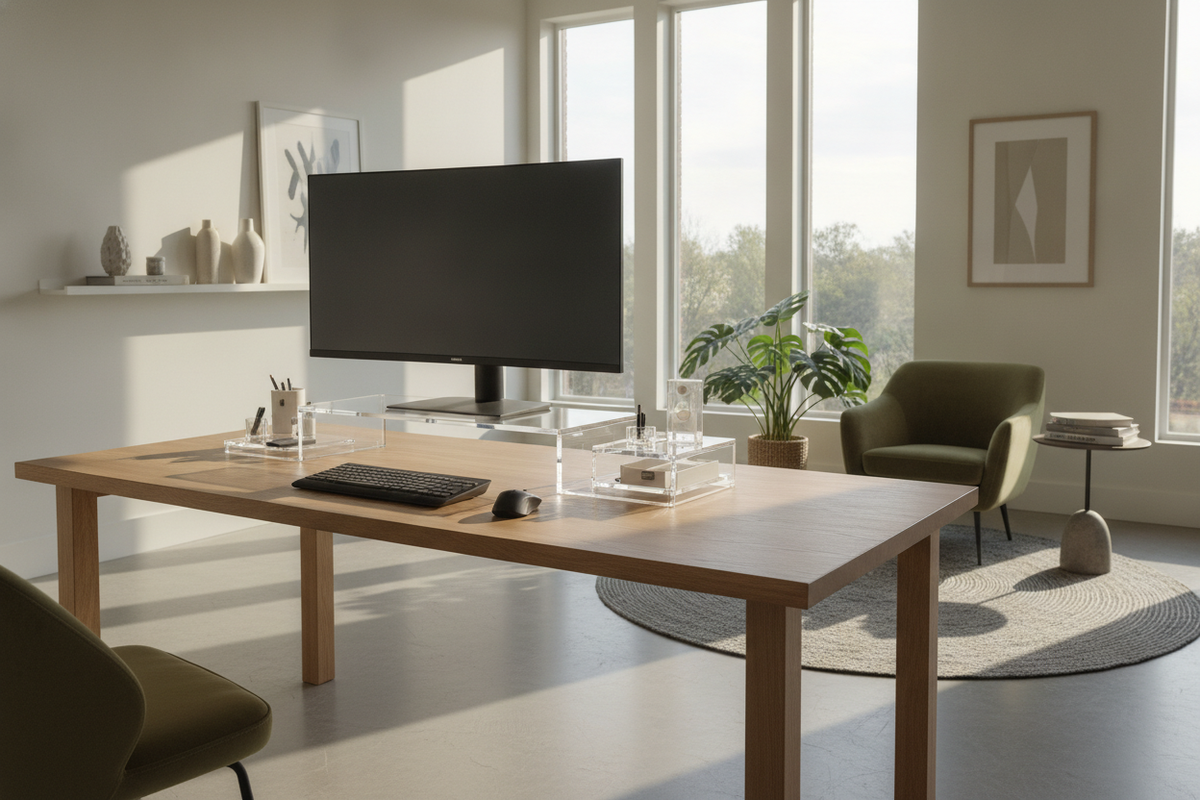 Small Monitor Stand Blueprint: Desktop Geometry, Tiered Elevation, Storage Architecture, and Workstation Synergy