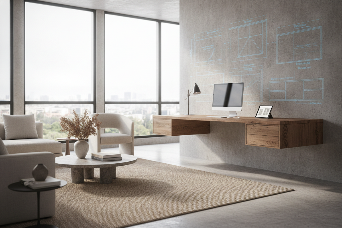 Desk with No Legs Blueprint: Wall Mounting Methods, Spatial Footprints, Hardware Systems, and Storage Synergy