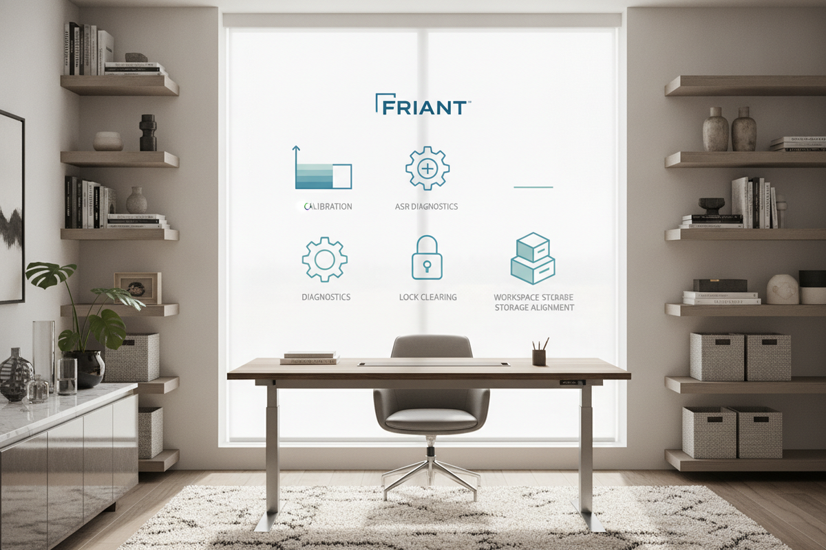 Friant Standing Desk Reset Blueprint: My-Hite Calibration, ASR Diagnostics, Lock Clearing, and Workspace Storage Alignment