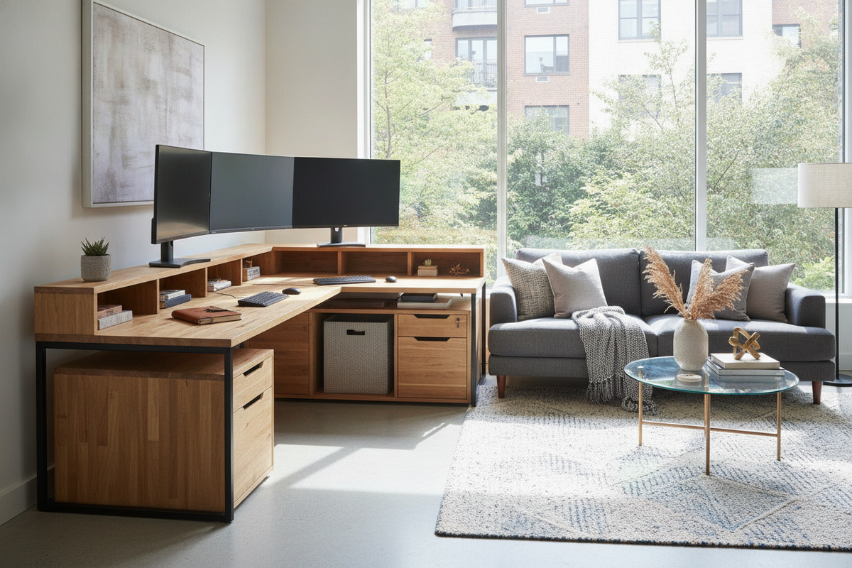 L-Shaped Desk with Monitor Stand Planning Guide: Raised Shelf Architecture, Layouts, and Storage Integration