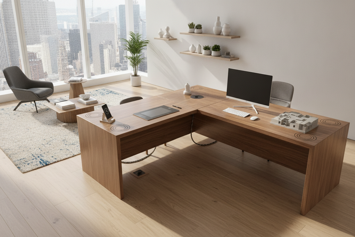 L-Shaped Desk with Wireless Charging Guide: Surface Integration, Layout Zoning, and Power Architecture