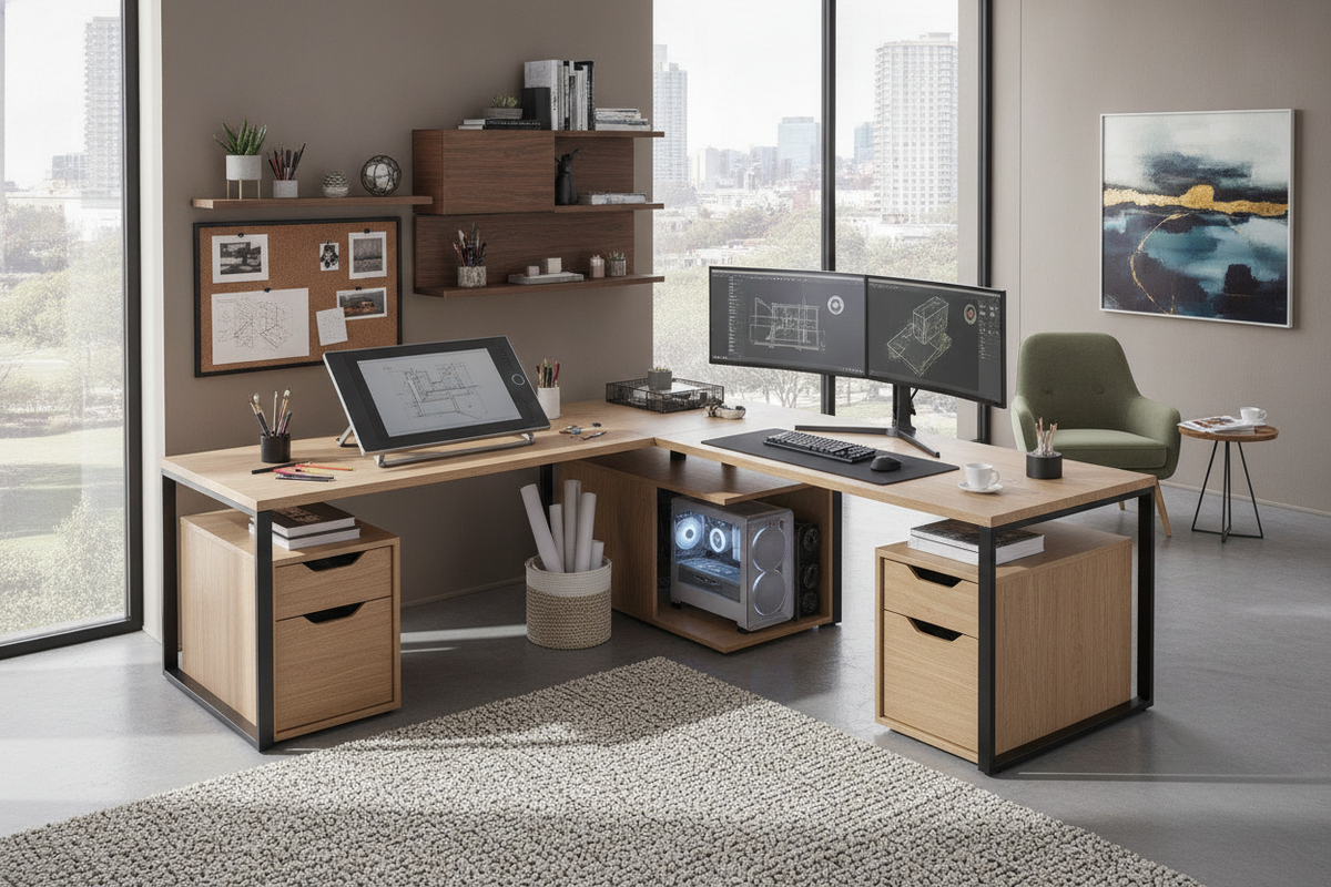 L-Shaped Drawing Desk Planning Guide: Dual-Zone Creative Layouts, PC Tower Placement, and Storage Architecture