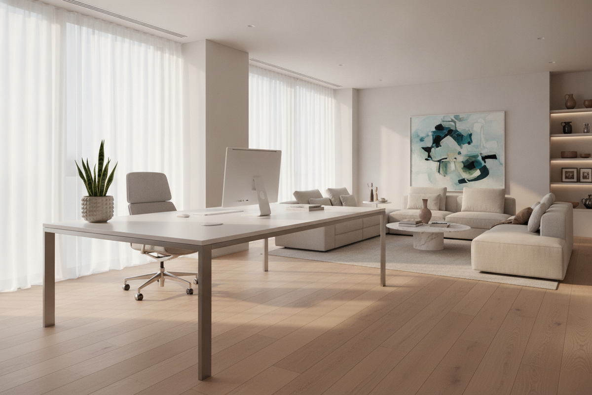 Designing with an Expansive White Desk: Scale, Layout Harmony, and Ergonomic Flow