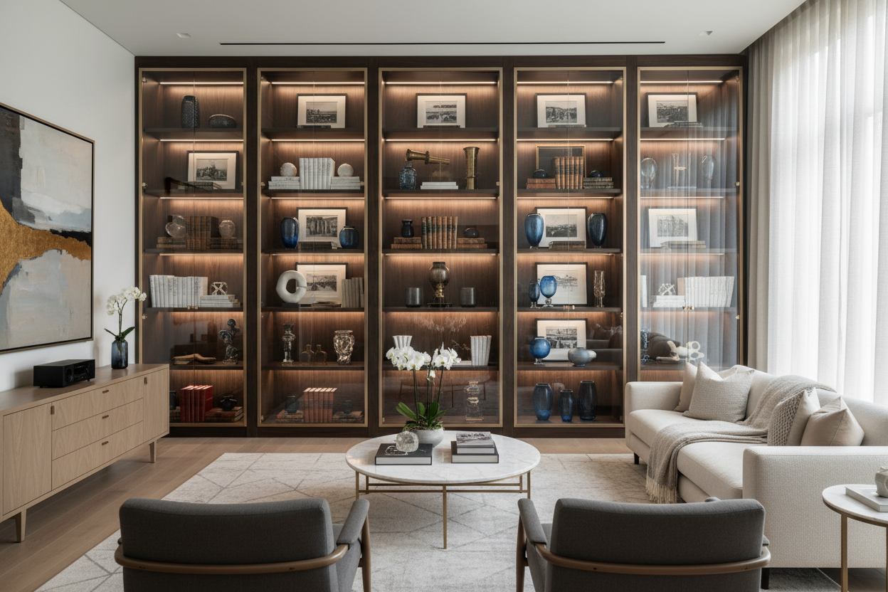 Full Wall Display Cabinets: How to Style for a High-End Look