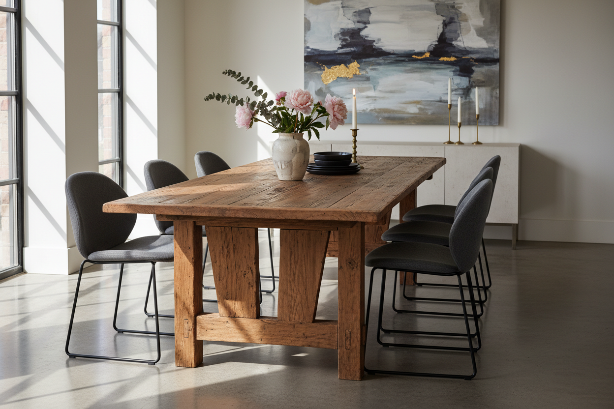 Why Your Dining Room Needs a Mix of Old Wood and New Seating