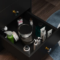 35.4" Modern White/Black Vanity Set with Sliding Mirror, 4 Drawers, Shelves and Cushioned Stool