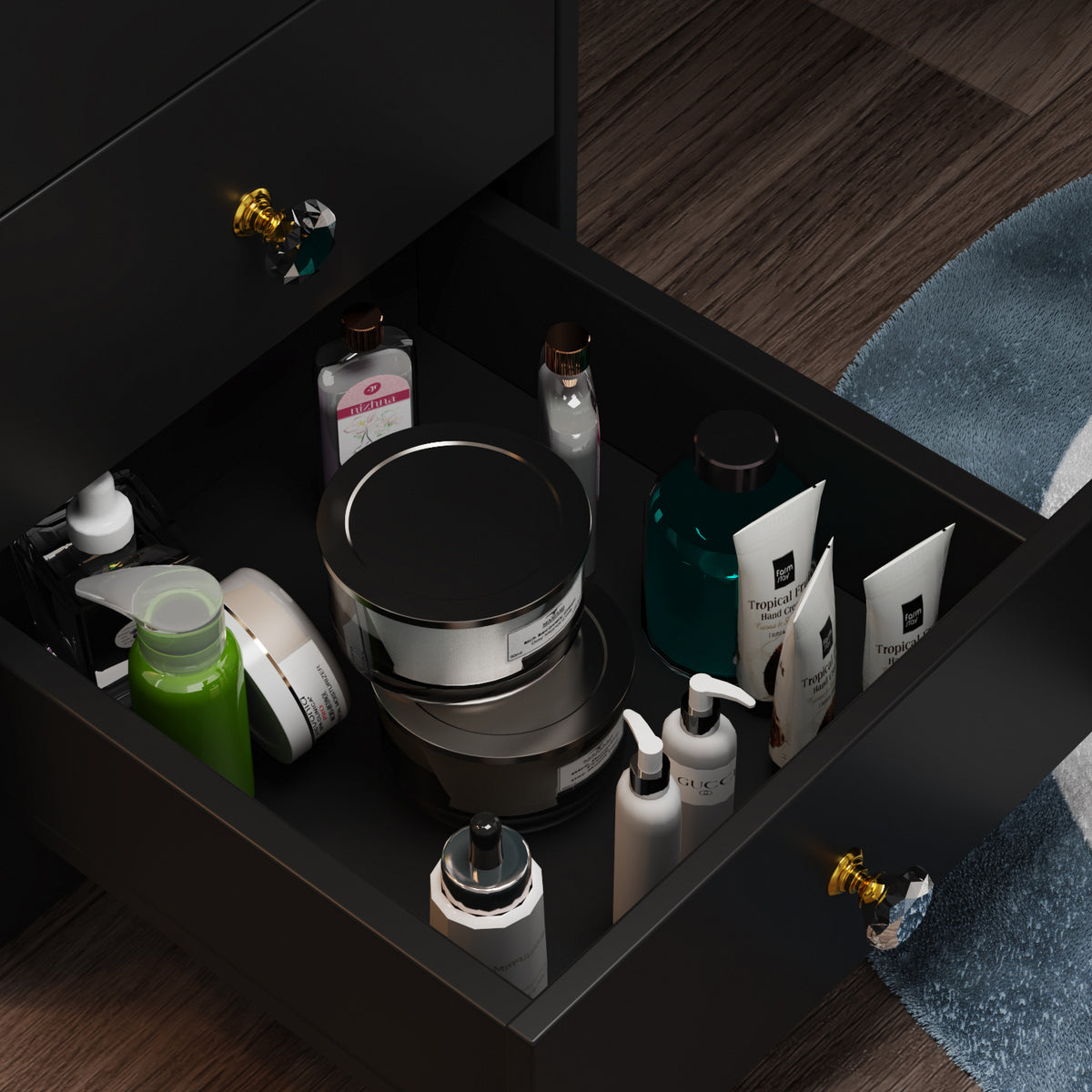 35.4" Modern White/Black Vanity Set with Sliding Mirror, 4 Drawers, Shelves and Cushioned Stool