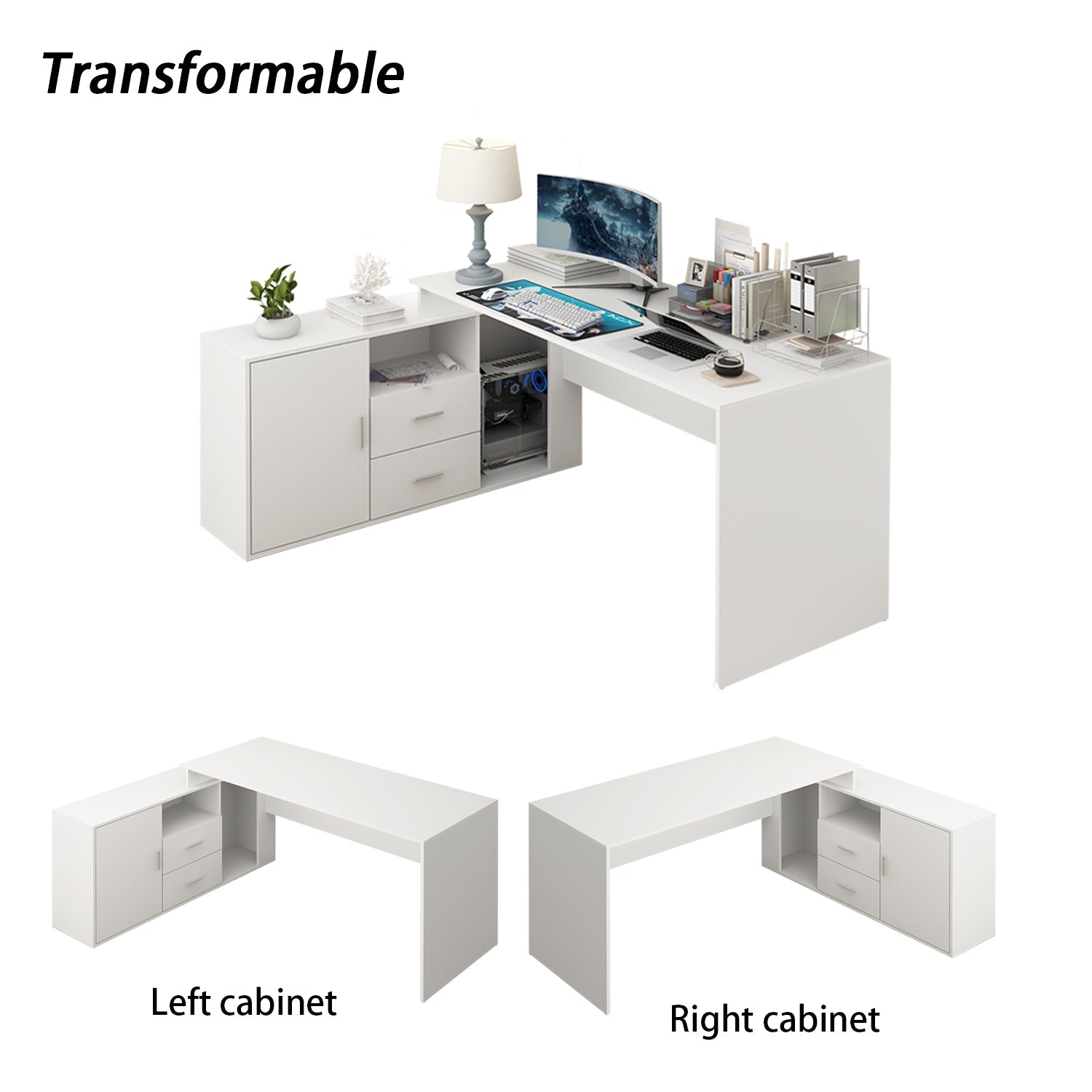 L-Shaped Computer Desk Writing and Gaming Desk with Drawers and Shelves for Home Office