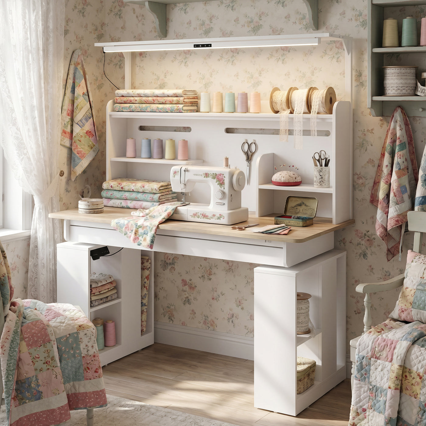 55.1" White Wood Electric Height Adjustable Sewing Table with LED Light and Storage Hutch