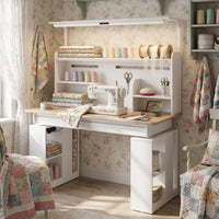 55.1" White Wood Electric Height Adjustable Sewing Table with LED Light and Storage Hutch