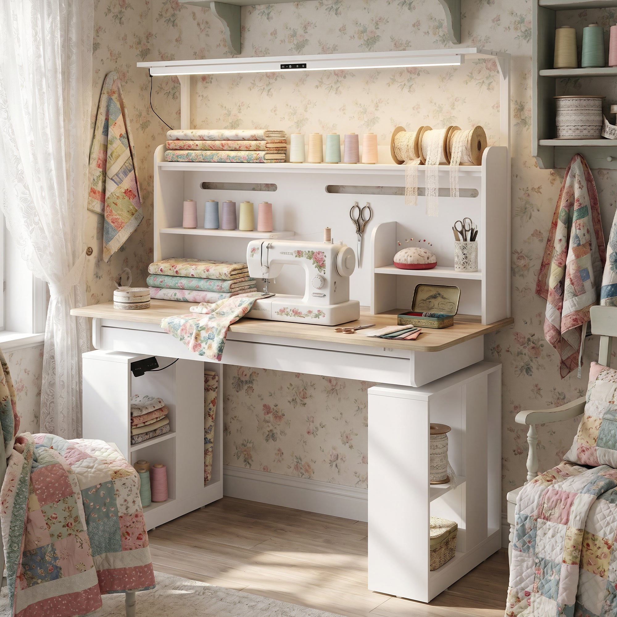 55.1" White Wood Electric Height Adjustable Sewing Table with LED Light and Storage Hutch