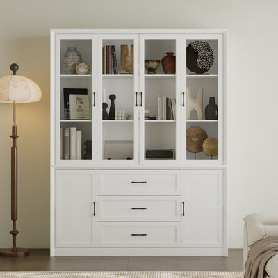61.8" White/Brown Elegant 3-Drawer Display Bookcase with 4 Glass Doors and Side Storage Cabinets