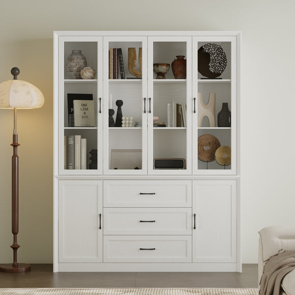 61.8" White Engineered Wood 3-Drawer Display Bookcase with 4 Glass Doors & Side Storage Cabinets