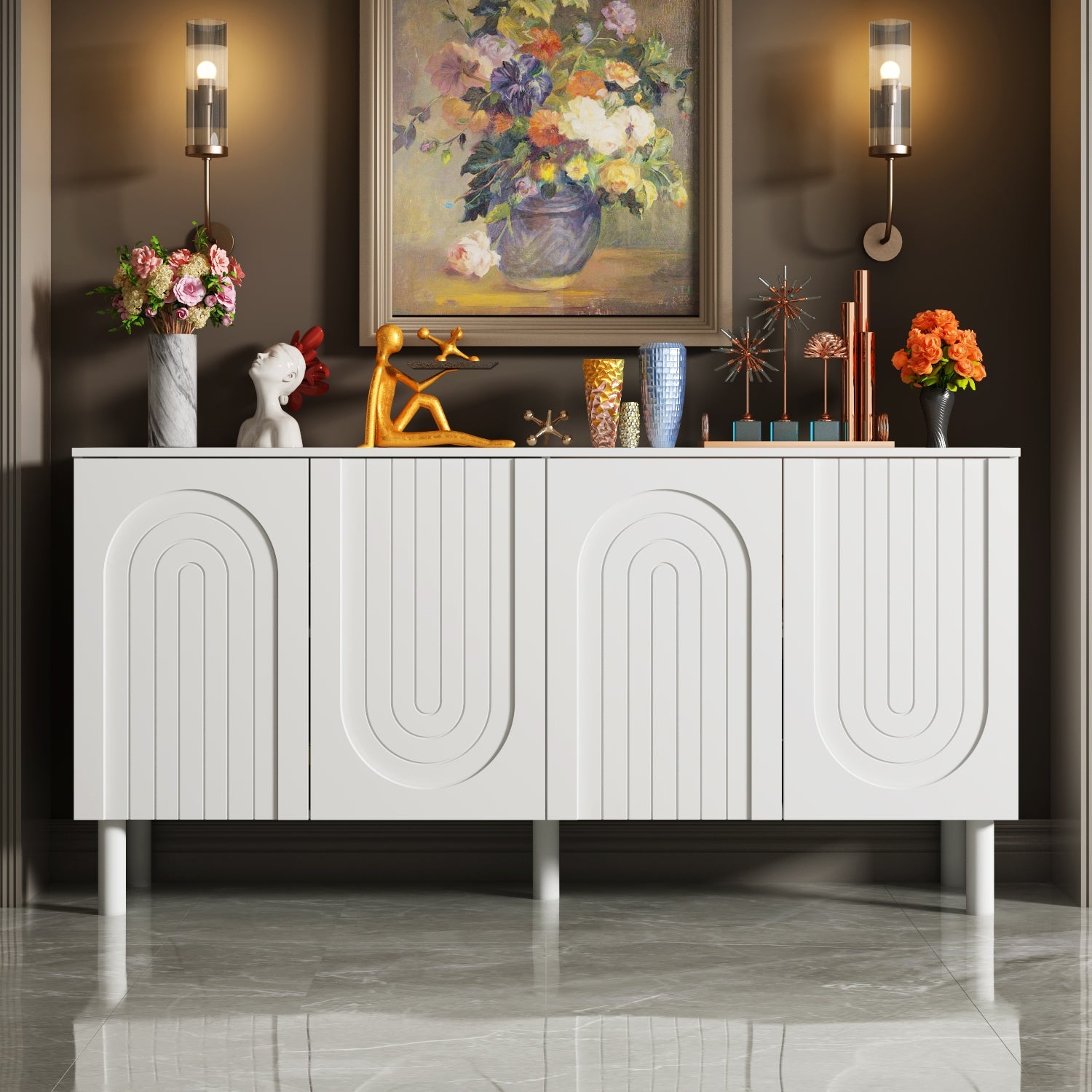 Sideboard Buffet Table Console Table in White Finish 4 U-Shaped Doors