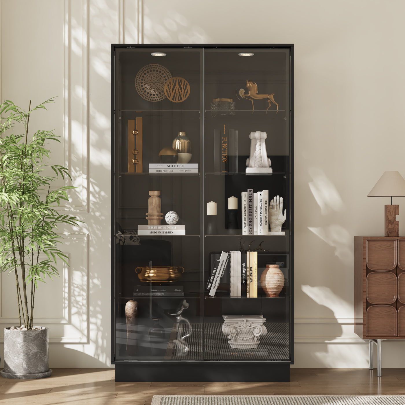 39.4" Modern Black 5-Tier Curio Cabinet with Sliding Glass Doors and LED Lights