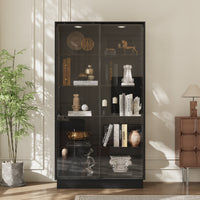 39.4" Modern Black 5-Tier Curio Cabinet with Sliding Glass Doors and LED Lights
