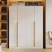 63" White High Gloss Engineered Wood 4-Door Bedroom Wardrobe with Long Gold Handles & Multi-Zone Clothing Storage
