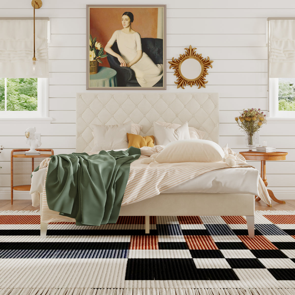 60.8" Modern Beige Platform Bed with Charging Station