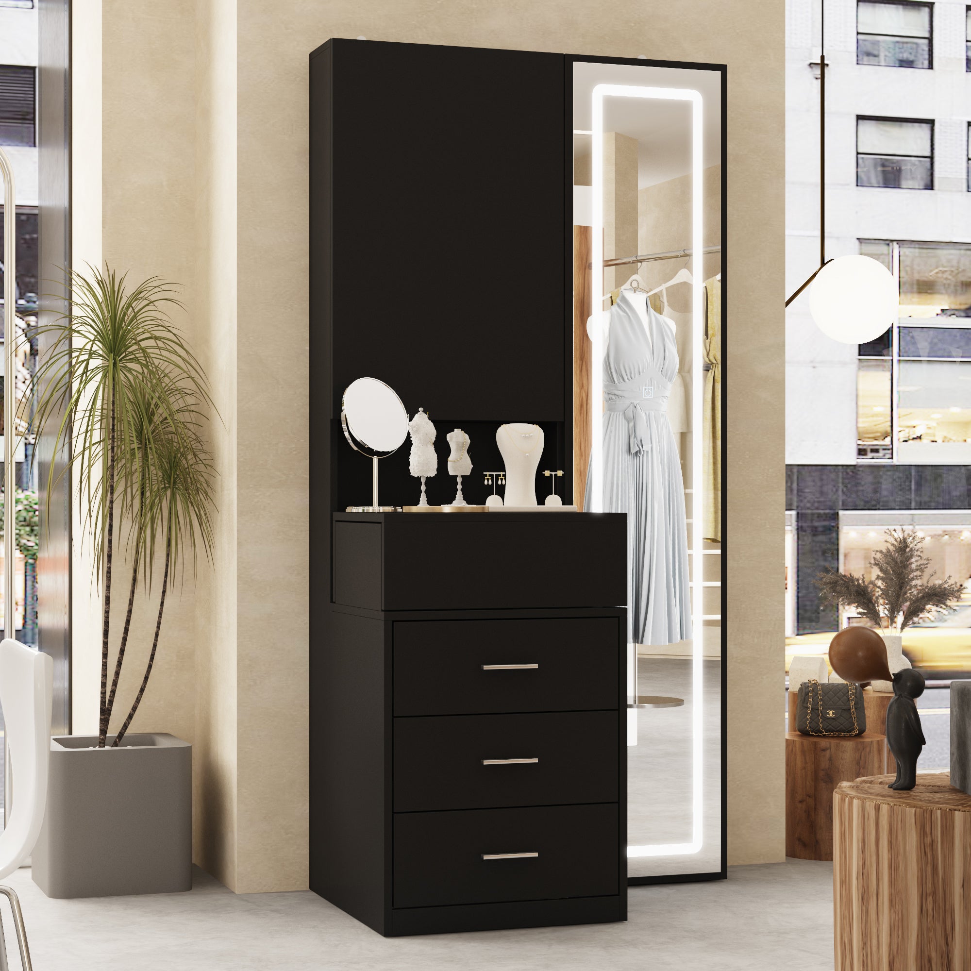 63'' H 3 Drawer Armoire Wardrobe With Adjustable LED Dressing Mirror