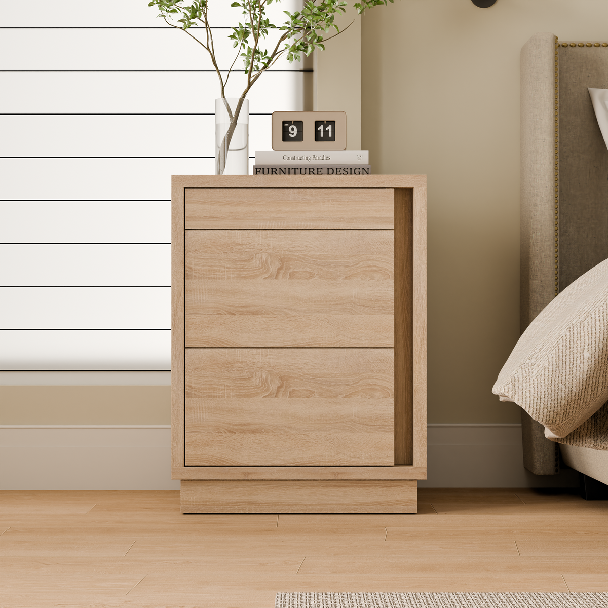 23.6" Oak Engineered Wood 3-Drawer Lockable Smart Nightstand with Hidden Gun Storage Cabinet