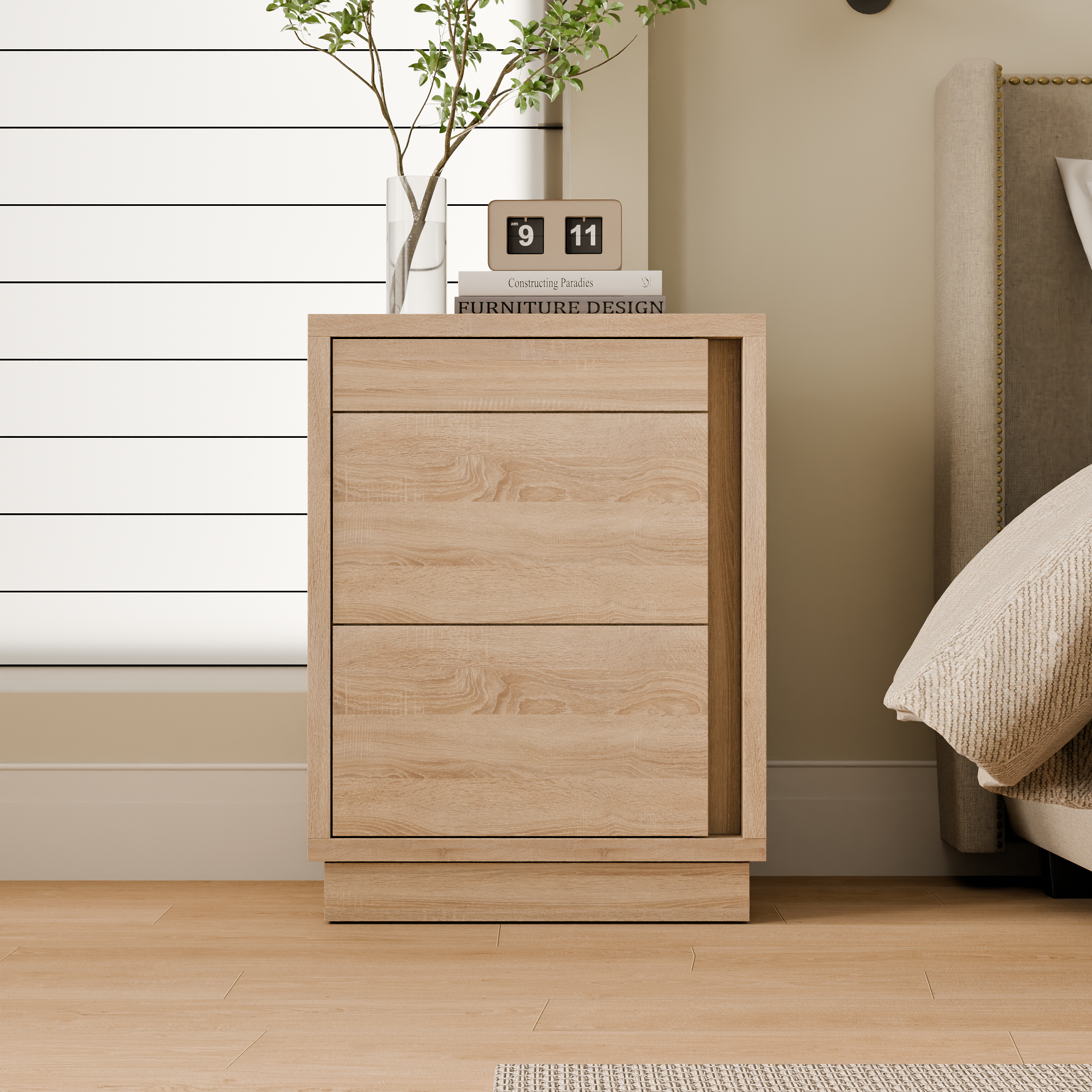 23.6 Inches Oak Engineered Wood 3-Drawer Lockable Smart Nightstand with Hidden Gun Storage Cabinet