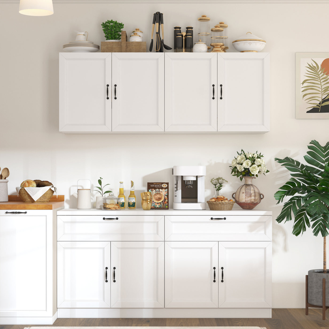 63" Modern White Kitchen Pantry Cabinet with 8 Doors, 2 Drawers & Large Central Worktop
