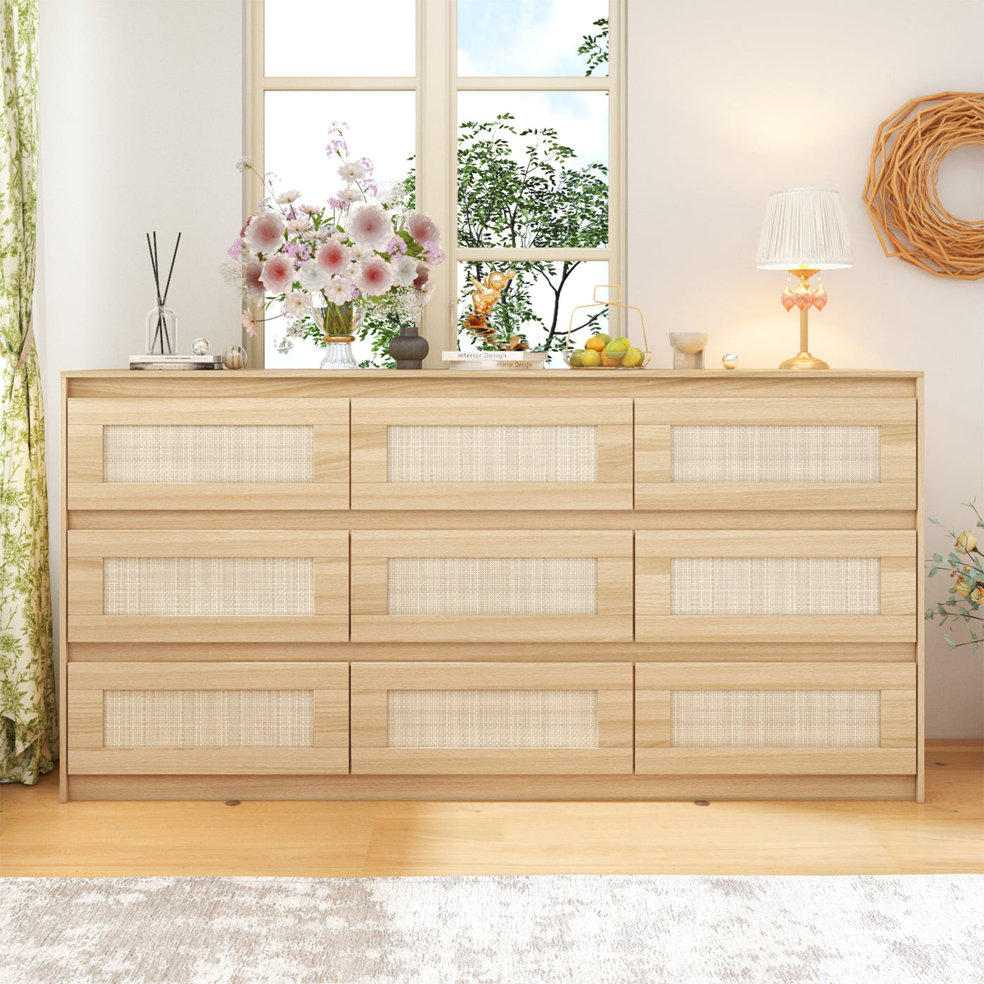 62.9" Modern Country Natural Medium Wood Dresser With 9 Pull-out Drawers