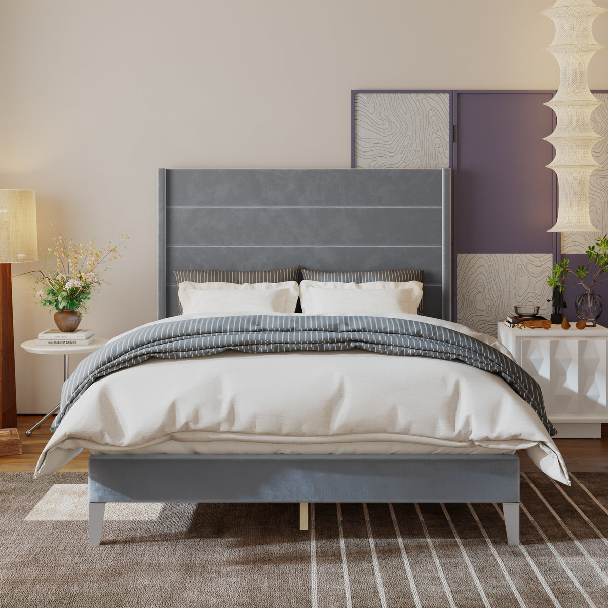 63.8" Simplistic Gray Platform Bed with Solid Wood Legs