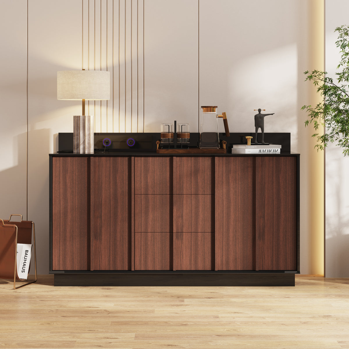 59.1" Modern Brown Sideboard Buffet with Integrated Track Socket & 3 Drawers