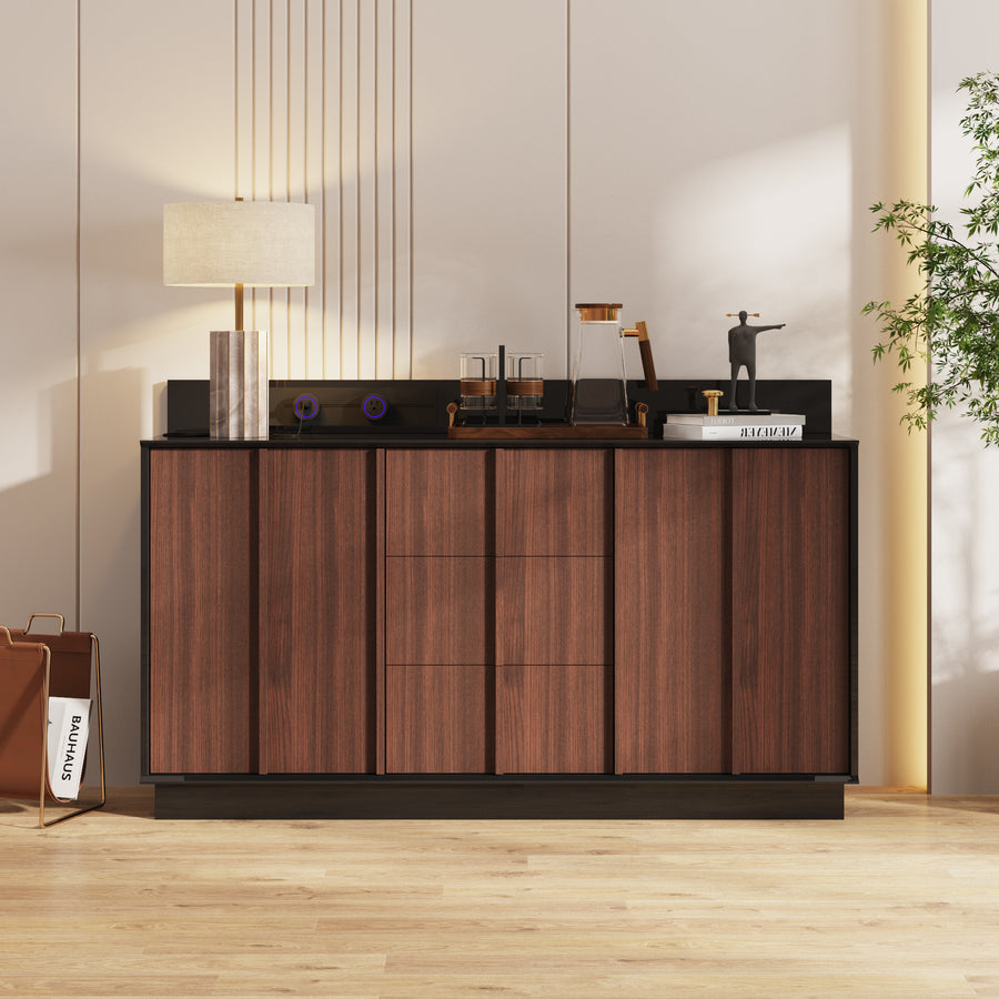 59.1" Modern Brown Sideboard Buffet with Integrated Track Socket & 3 Drawers