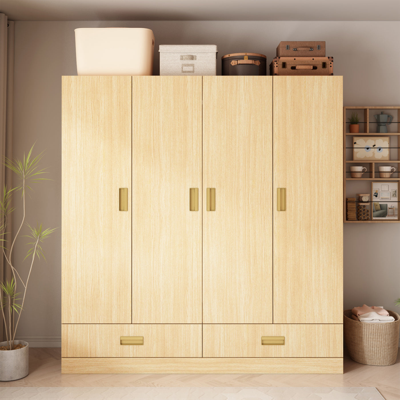 Light wooden wardrobe with gold handles in a room setting.