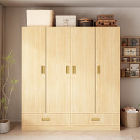 Light wooden wardrobe with gold handles in a room setting.