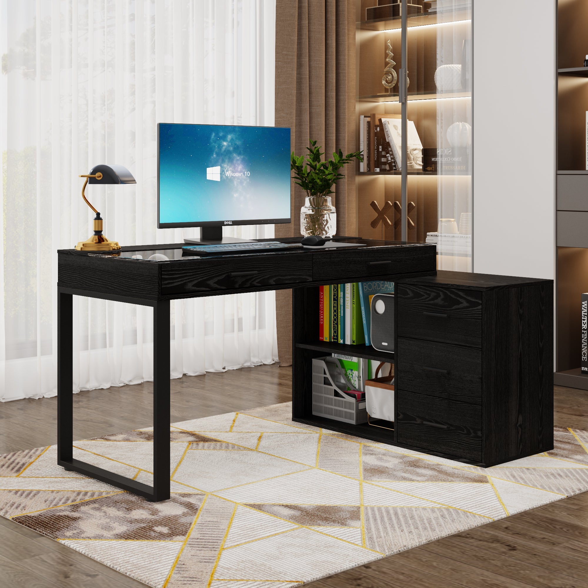58.6'' W 5-Drawer Computer Desk With Glass Desktop