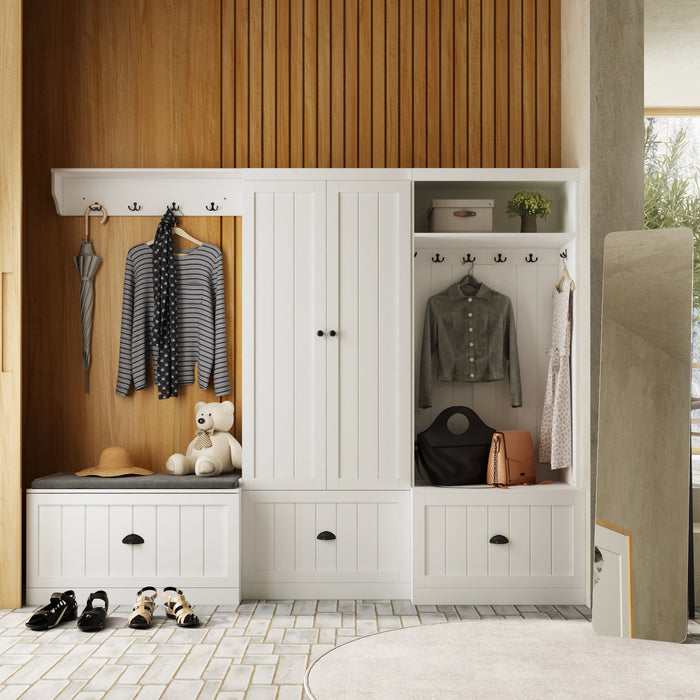 87 inch Modern White Hall Tree with Storage Bench and Shoe Storage
