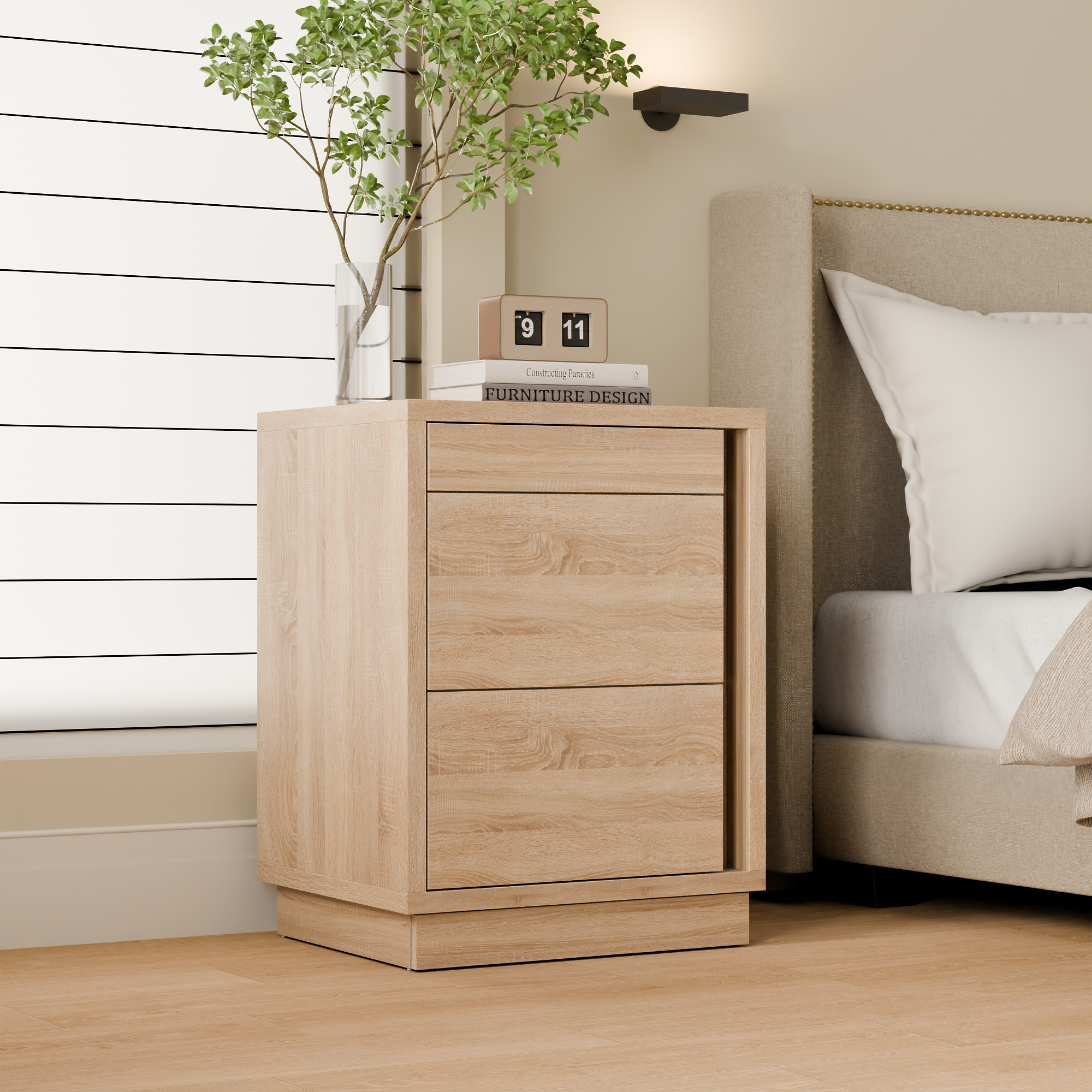 23.6 Inches Oak Engineered Wood 3-Drawer Lockable Smart Nightstand with Hidden Gun Storage Cabinet