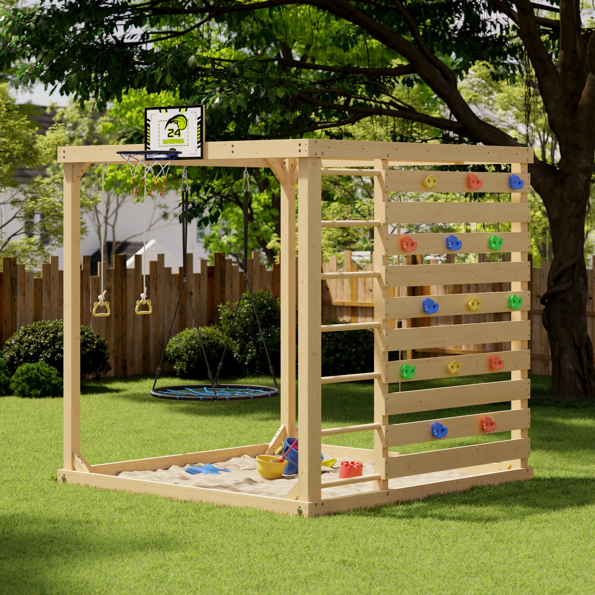 Children's play area with wooden climbing structure, sand pit, and toys on grass