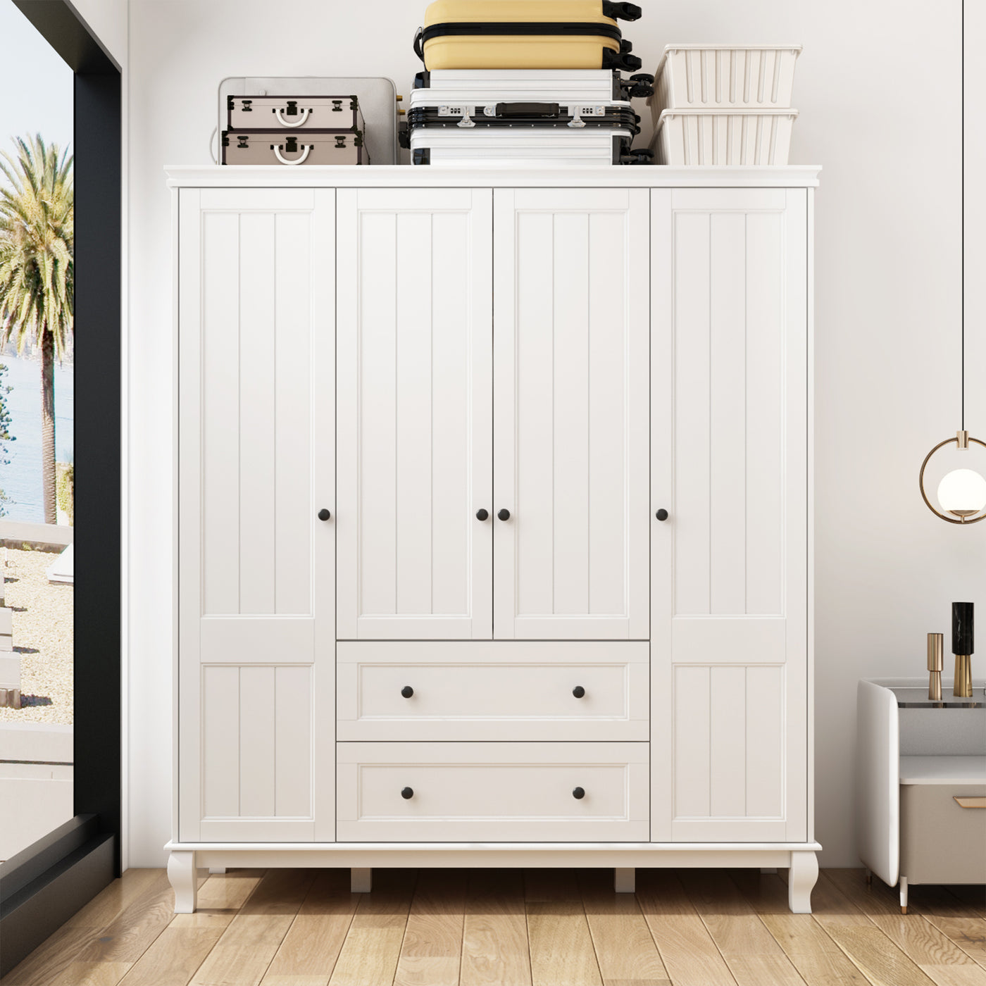 63" Modern Minimalist White Wardrobe Armoire with Storage Shelves and Drawers for Bedroom