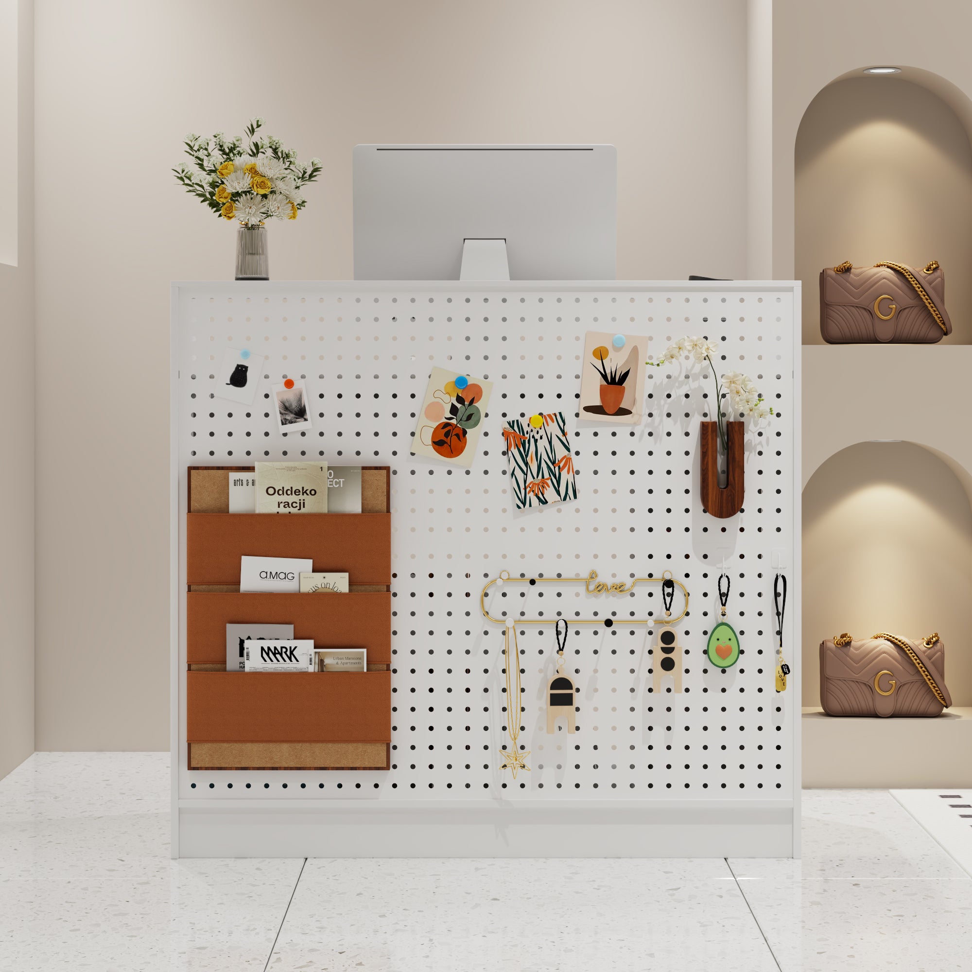 47.2 inches White Reception Desk with Metal Pegboard, Locking Drawers and Large Storage