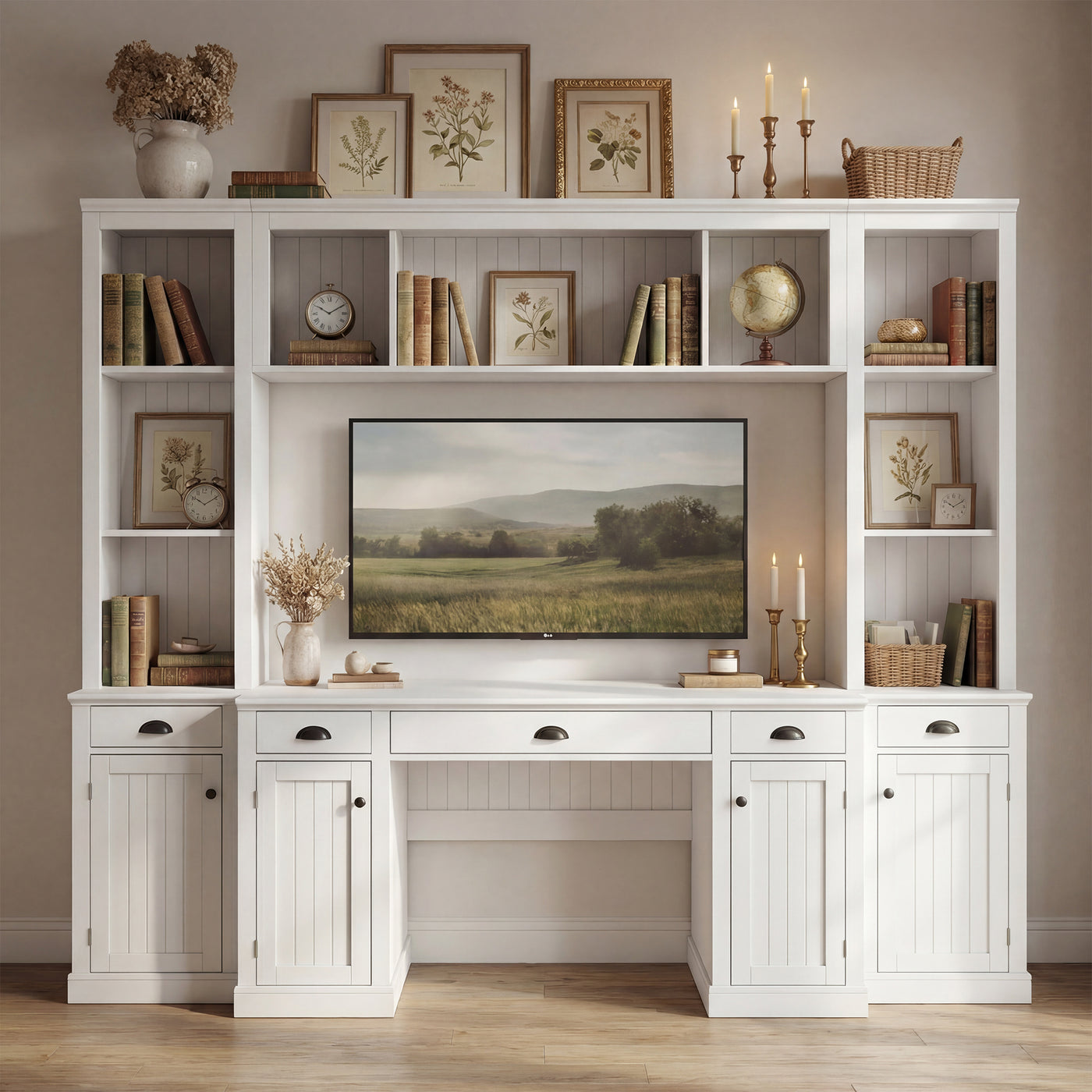88.5" White 4-Piece Modular Entertainment Wall Unit with Writing Desk, Open Bookcase Shelves & Closed Storage Cabinets