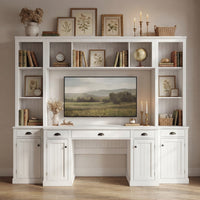 88.5" White 4-Piece Modular Entertainment Wall Unit with Writing Desk, Open Bookcase Shelves & Closed Storage Cabinets