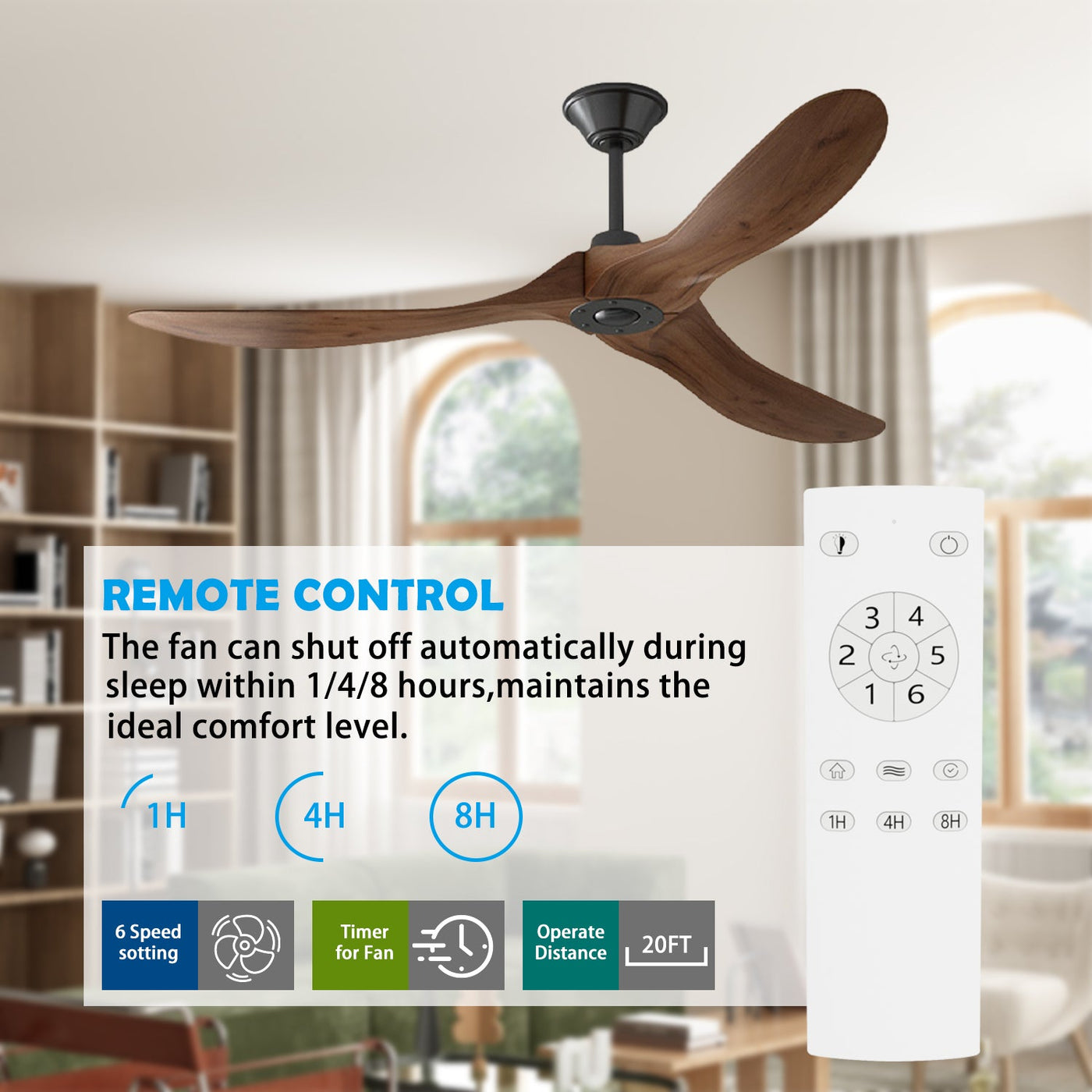 60" Modern Simple Brown Ceiling Fan With Wooden Streamline Design