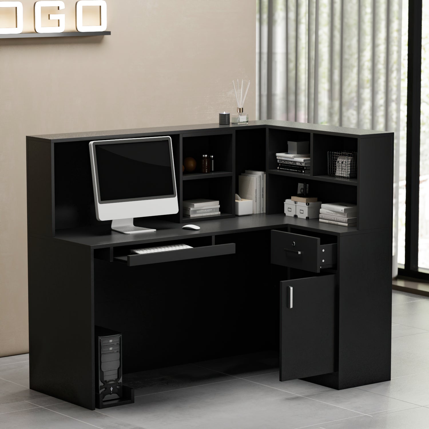L-Shaped Reception Desk with Large Storage Filing Cabinets