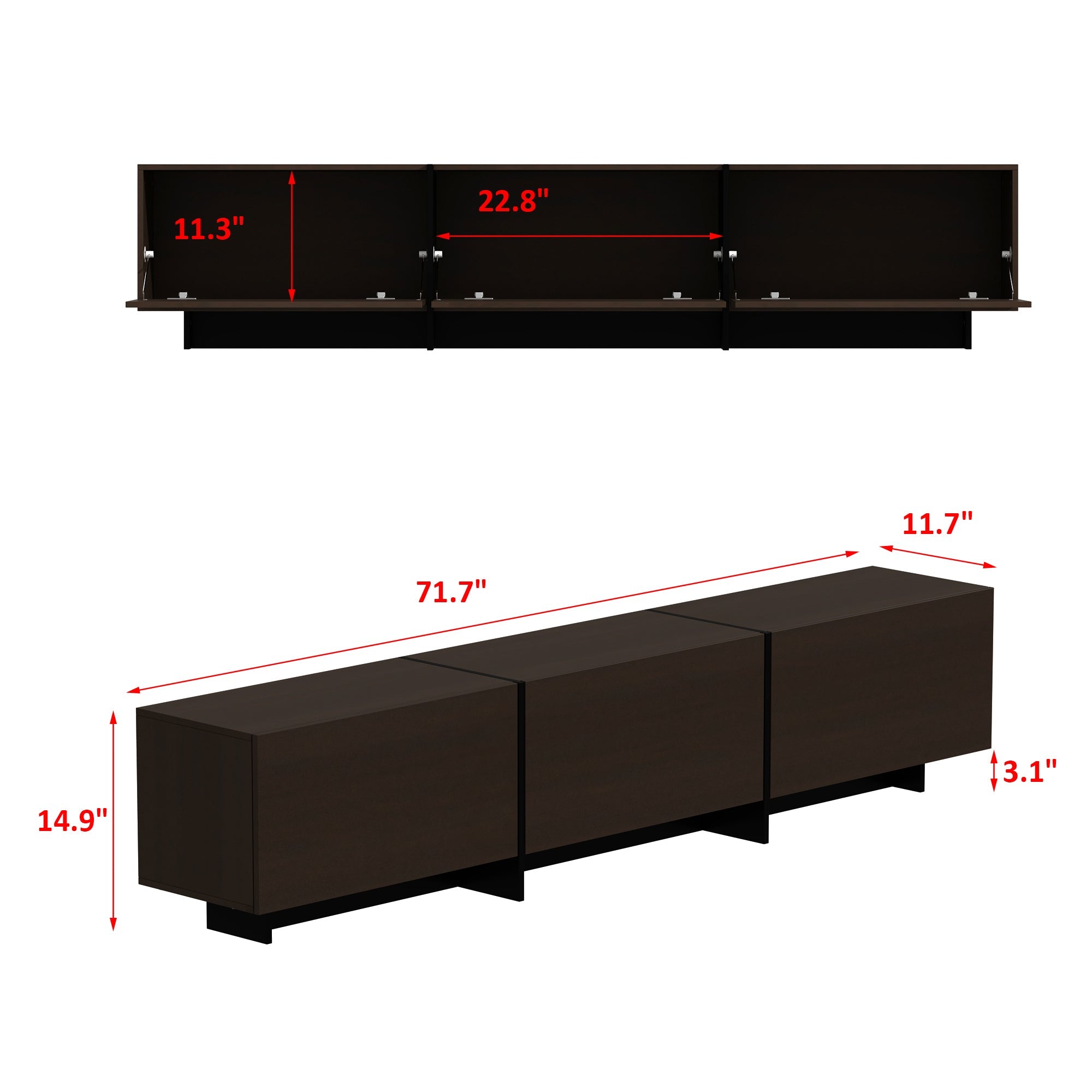 Modern Minimalist TV Stand With Hidden Storage And Soft-Close Hinges, 71.7 Inches, Dark Walnut