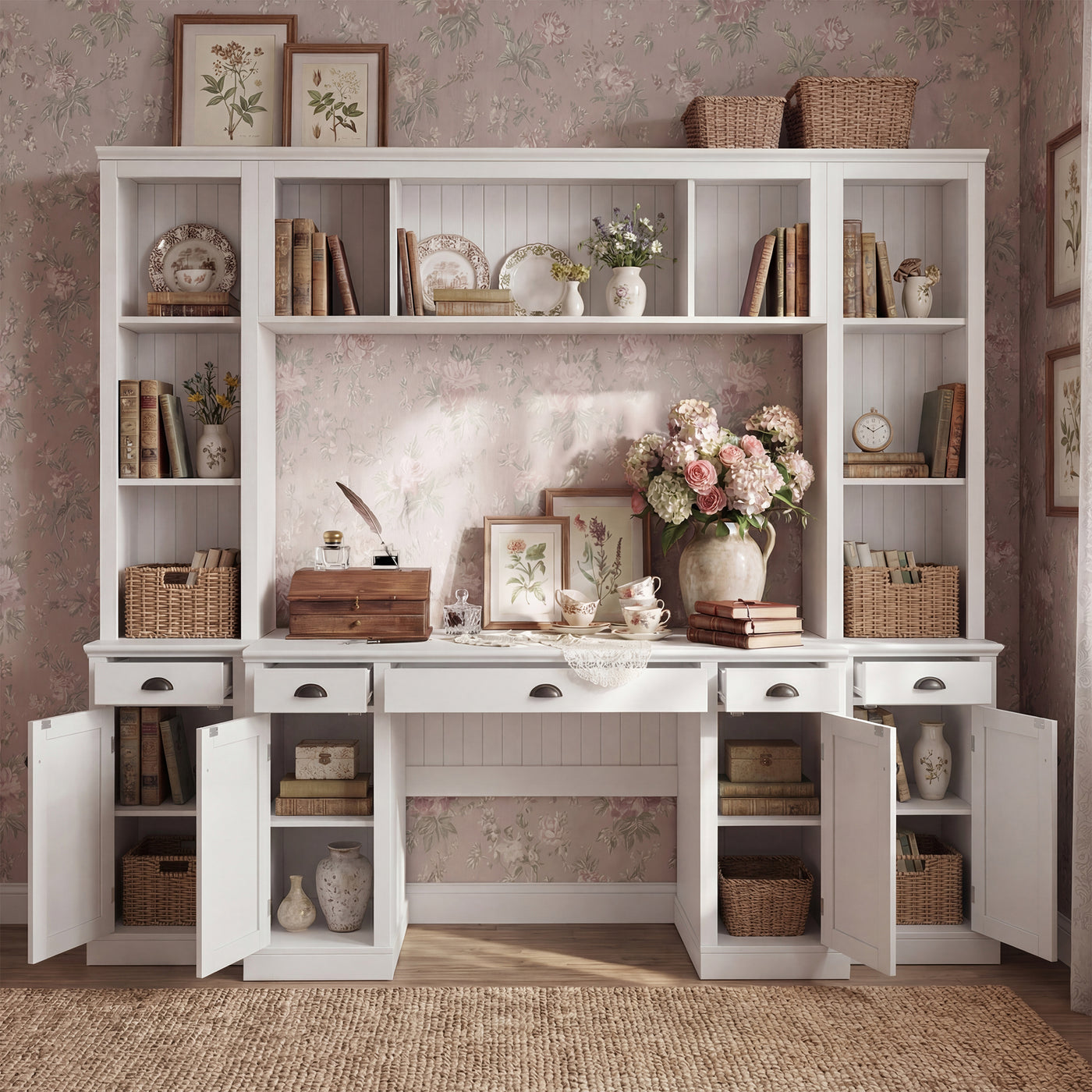 88.5" White 4-Piece Modular Entertainment Wall Unit with Writing Desk, Open Bookcase Shelves & Closed Storage Cabinets